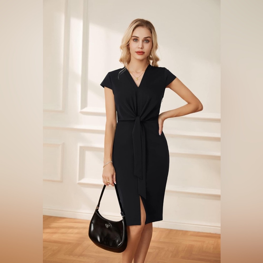 GRACE KARIN Dresses Cap Sleeve Tie Waist Work Dress Slit V-Neck Bodycon Dress z4